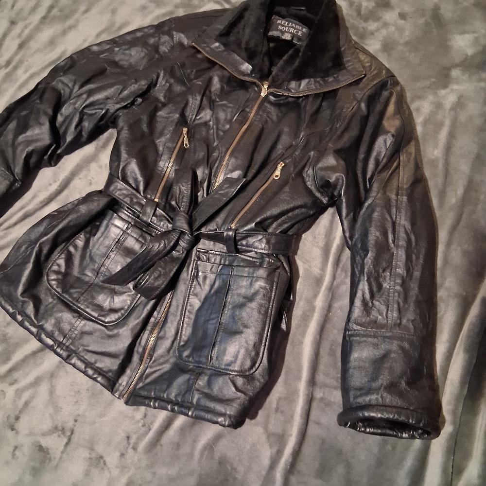 100% Genuine Leather Black Belted Fuax Fur Lined Soft Warm Womens Jacket Size 3X